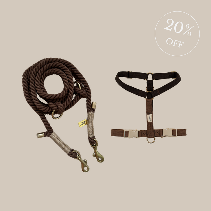 Chocolate dog harness + BROWN standard dog leash