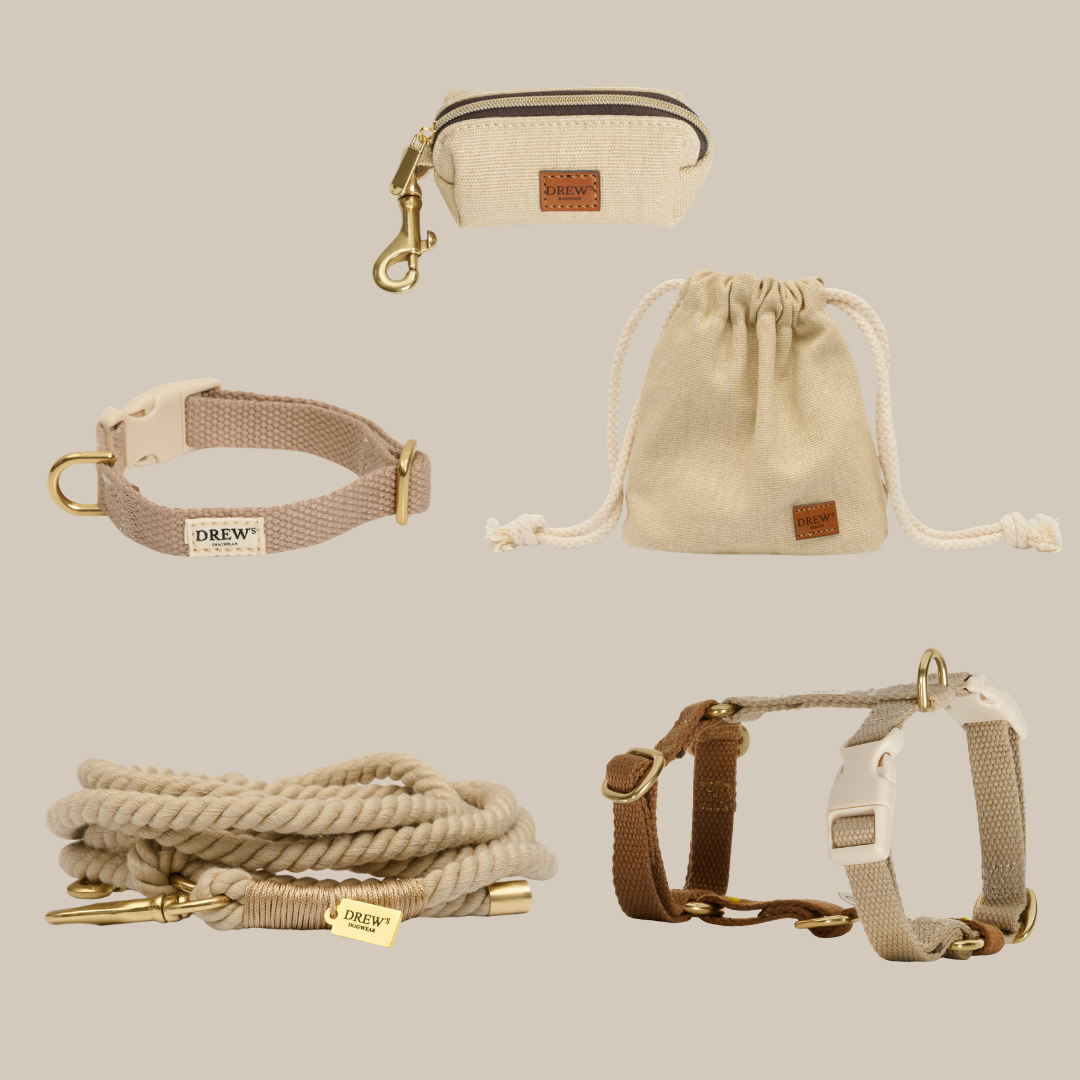 Hvalpesæt med halsbånd, sele, hvalpesnor, godbidstaske og hundeposerholder