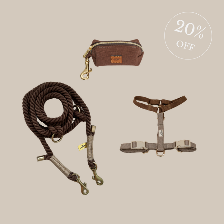 Cortado Dog Harness + BROWN Standard Dog Leash + Espresso Brown Dog Carrier Bag