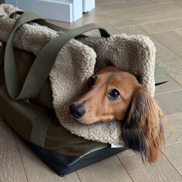Oliven hundetaske med teddy for